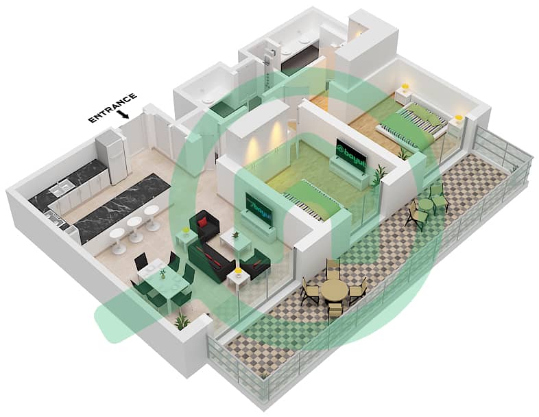 Riwa 1 - 2 卧室公寓类型／单位2C/UNIT G07 FLOOR GROUND戶型图 Type 2C Unit G07,08 Floor Ground interactive3D