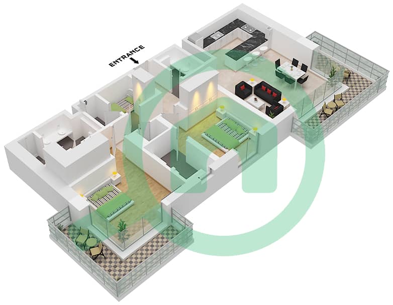 Riwa 1 - 2 卧室公寓类型／单位2J / UNIT 2,3 FLOOR 1-9戶型图 Type 2J Unit 2 Floor 1 Unit 3 Floor 2-9 interactive3D