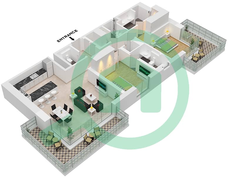 Riwa 1 - 2 卧室公寓类型／单位2J / UNIT 6,7 FLOOR 1-7戶型图 Type 2J Unit 6 Floor 1 Unit 7 Floor 2-7 interactive3D