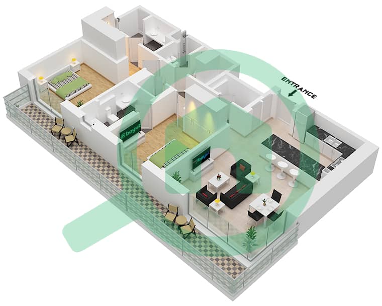 Riwa 1 - 2 卧室公寓类型／单位2M / UNIT 1 FLOOR 2戶型图 Type 2M Unit 1 Floor 2 interactive3D