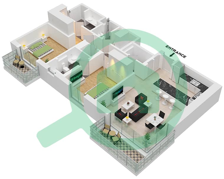 Riwa 1 - 2 卧室公寓类型／单位2N / UNIT 1 FLOOR 3,5,7,9戶型图 Type 2N Unit 1 Floor 3,5,7,9 interactive3D