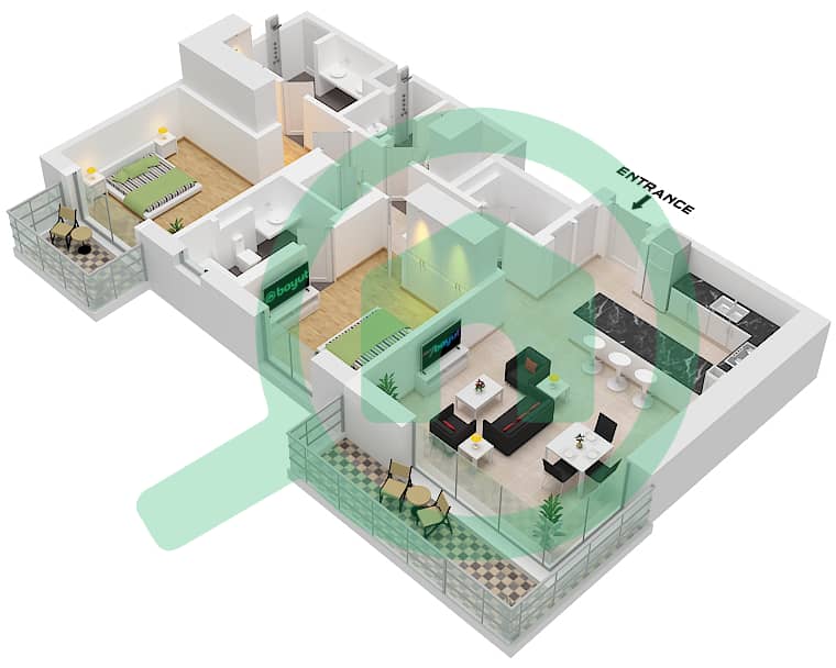 Riwa 1 - 2 卧室公寓类型／单位2P / UNIT 1 FLOOR 4,6,8戶型图 Type 2P Unit 1 Floor 4,6,8 interactive3D