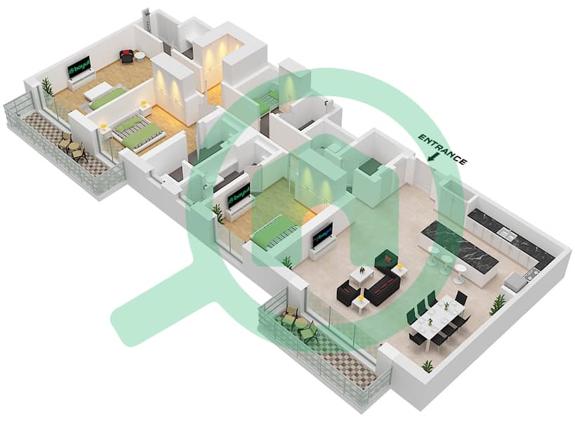 Riwa 1 - 3 卧室公寓类型／单位3E / UNIT 5,6 FLOOR 1-7戶型图 Type 3E Unit 5 Floor 1 Unit 6 Floor 2-7 interactive3D