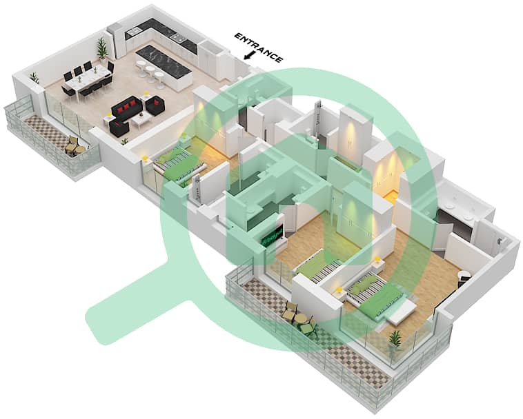Riwa 1 - 3 卧室公寓类型／单位3G / UNIT 5 FLOOR 3,5,7戶型图 Type 3G Unit 5 Floor 3,5,7 interactive3D