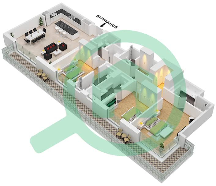Riwa 1 - 3 卧室公寓类型／单位3H / UNIT 5 FLOOR 8戶型图 Type 3H Unit 5 Floor 8 interactive3D