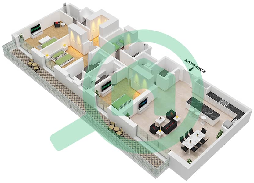 Riwa 1 - 3 卧室公寓类型／单位3J / UNIT 6 FLOOR 8戶型图 Type 3J Unit 6 Floor 8 interactive3D
