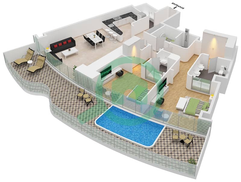 المخططات الطابقية لتصميم النموذج 2B FLOOR 12-31 شقة 2 غرفة نوم - مرسيدس بنز بليسز بن غاطي Type 2B Floor 12-31 interactive3D