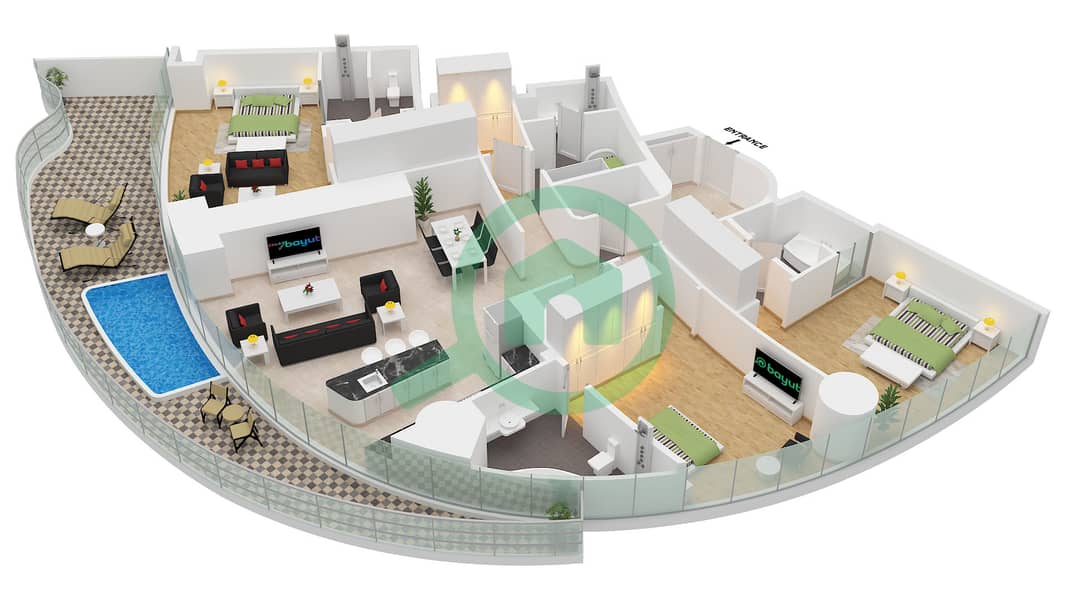 المخططات الطابقية لتصميم النموذج 1A FLOOR 34-52 شقة 3 غرف نوم - مرسيدس بنز بليسز بن غاطي Type 1A Floor 34-52 interactive3D