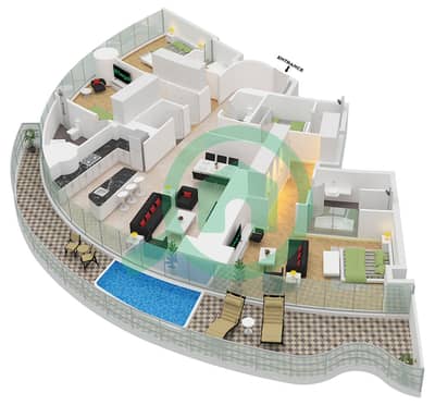 المخططات الطابقية لتصميم النموذج 1B FLOOR 34-52 شقة 3 غرف نوم - مرسيدس بنز بليسز بن غاطي