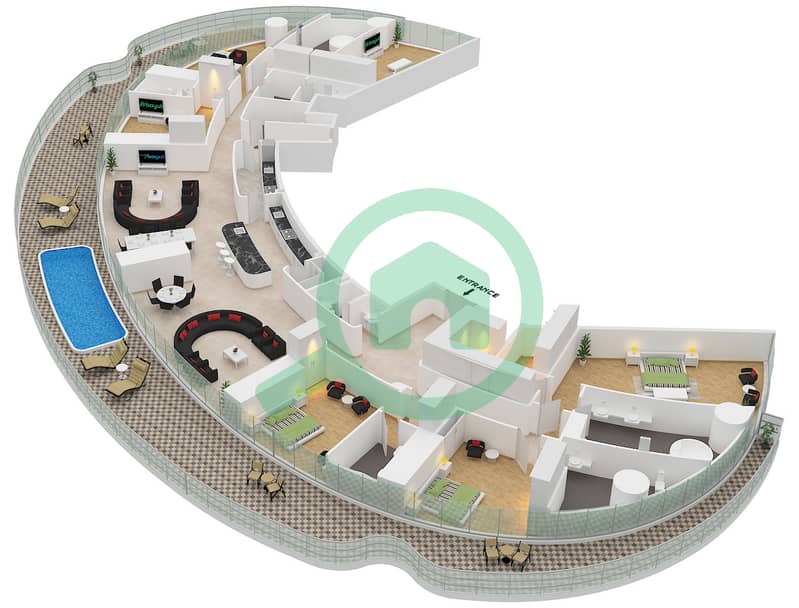 المخططات الطابقية لتصميم النموذج THE DUPLEX PENTHOUSE بنتهاوس 5 غرف نوم - مرسيدس بنز بليسز بن غاطي Type The Duplex Penthouse Floor 59,60,61 interactive3D