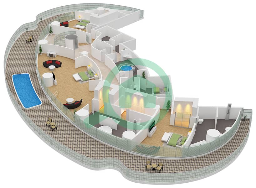 المخططات الطابقية لتصميم النموذج THE TRIPLEX PENTHOUSE بنتهاوس 6 غرف نوم - مرسيدس بنز بليسز بن غاطي Type The Triplex Penthouse Floor 66 interactive3D