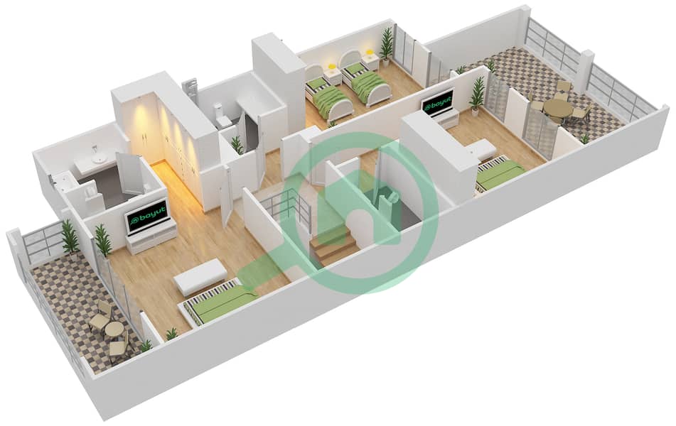 المخططات الطابقية لتصميم النموذج B, C, D تاون هاوس 3 غرف نوم - حدائق بلووم First Floor image3D