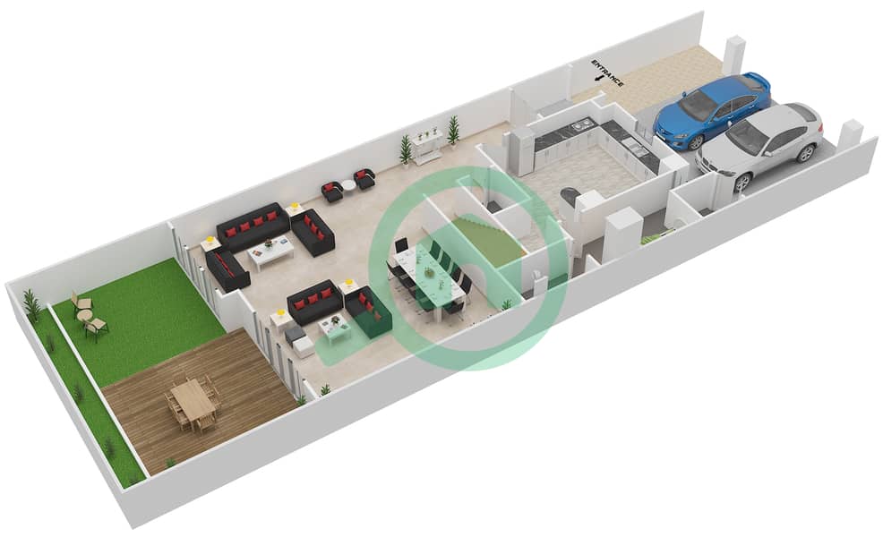 المخططات الطابقية لتصميم النموذج B1 تاون هاوس 3 غرف نوم - حدائق بلووم Ground Floor image3D
