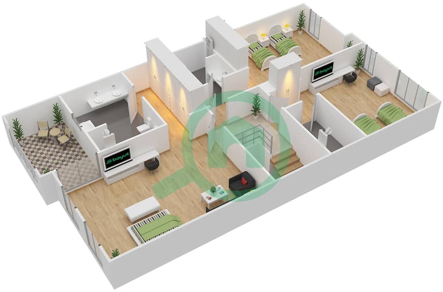 المخططات الطابقية لتصميم النموذج B1 تاون هاوس 3 غرف نوم - حدائق بلووم First Floor image3D