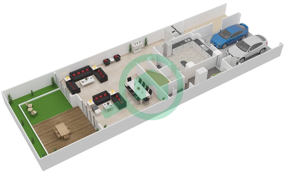 المخططات الطابقية لتصميم النموذج B تاون هاوس 3 غرف نوم - حدائق بلووم Ground Floor image3D