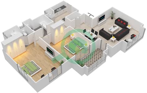 المخططات الطابقية لتصميم الوحدة 01,08 شقة 2 غرفة نوم - بحر 1