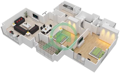 المخططات الطابقية لتصميم الوحدة 02,07 شقة 2 غرفة نوم - بحر 1