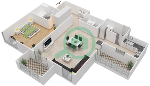 المخططات الطابقية لتصميم الوحدة 03 شقة 1 غرفة نوم - بحر 1