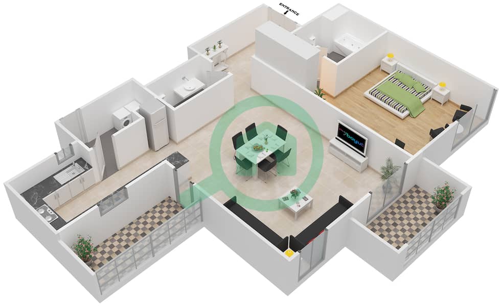 المخططات الطابقية لتصميم الوحدة 04 شقة 1 غرفة نوم - بحر 1 Floor 1-12,14-25 image3D