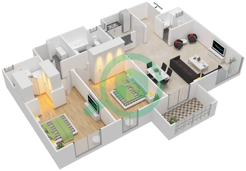 المخططات الطابقية لتصميم الوحدة 04,06 شقة 2 غرفة نوم - بحر 1 Floor 27-41 image3D