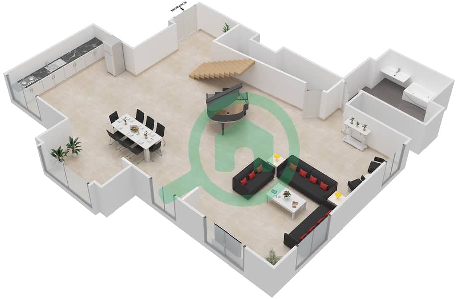 المخططات الطابقية لتصميم الوحدة 01 DUPLEX شقة 1 غرفة نوم - بحر 1 Lower Floor image3D