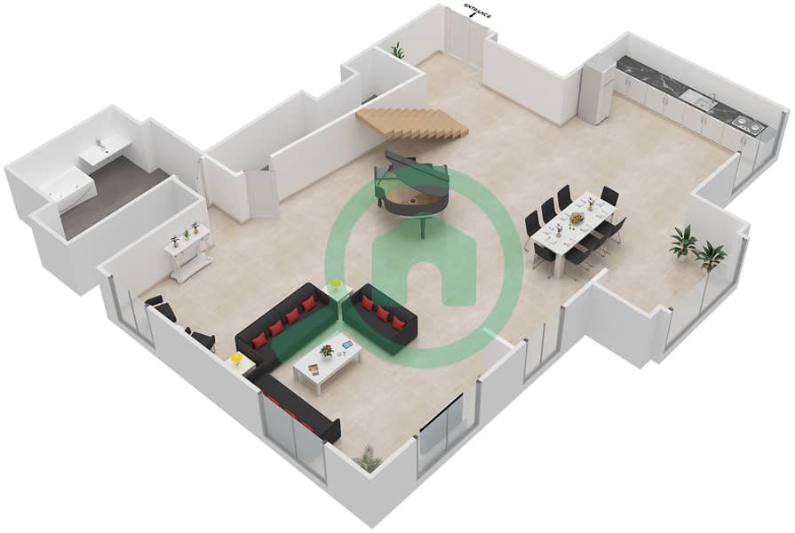 المخططات الطابقية لتصميم الوحدة 02 DUPLEX شقة 1 غرفة نوم - بحر 1 Lower Floor image3D