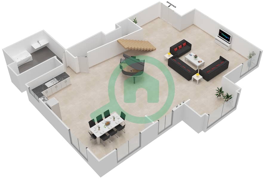 المخططات الطابقية لتصميم الوحدة 04 DUPLEX شقة 1 غرفة نوم - بحر 1 Lower Floor image3D