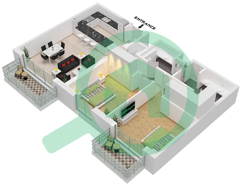 Riwa 2 - Апартамент 2 Cпальни планировка Тип/мера 2G / UNIT 1,5 FLOOR 1-7 Type 2G Unit 1,5 Floor 1-7 interactive3D
