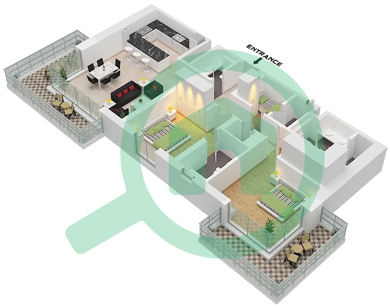 Riwa 2 - Апартамент 2 Cпальни планировка Тип/мера 2J / UNIT 3 FLOOR 1-6 Type 2J Unit 3 Floor 1-6 interactive3D