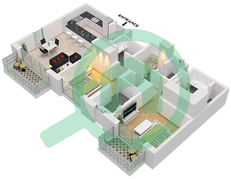 Riwa 2 - Апартамент 2 Cпальни планировка Тип/мера 2L / UNIT 3,6-9 FLOOR 1-9 Type 2L Unit 8 Floor 1 Unit  9 Floor 2-6 Unit 7 Floor 7 Uni t6 Floor 8 Unit 3 Floor 9 interactive3D
