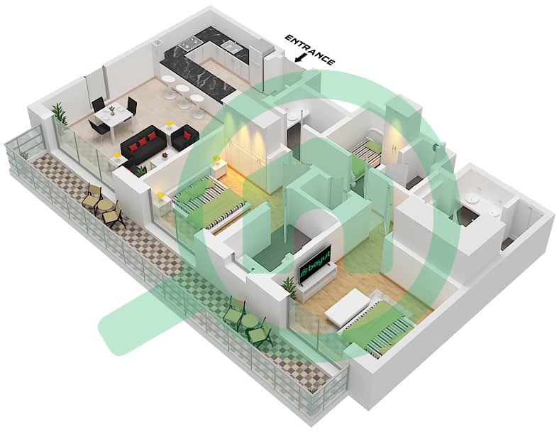 Riwa 2 - Апартамент 2 Cпальни планировка Тип/мера 2V / UNIT 3 FLOOR 10 Type 2V Unit 3 Floor 10 interactive3D