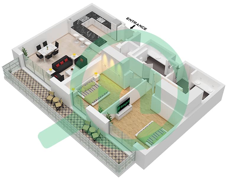 Riwa 2 - Апартамент 2 Cпальни планировка Тип/мера 2W / UNIT 2 FLOOR 8 Type 2W Unit 2 Floor 8 interactive3D