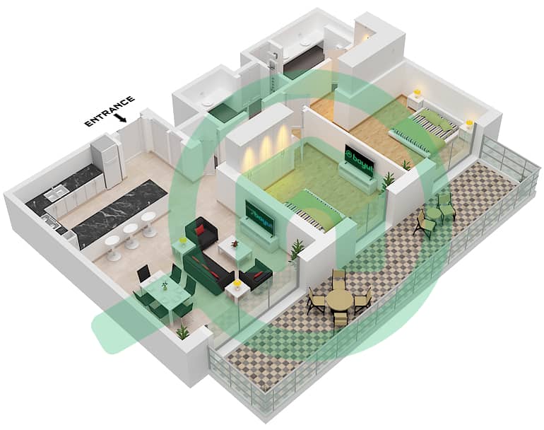 Riwa 3 - Апартамент 2 Cпальни планировка Тип/мера 2B/UNIT G02,5 FLOORGROUND Type 2B Unit G02,5 Floor Ground interactive3D