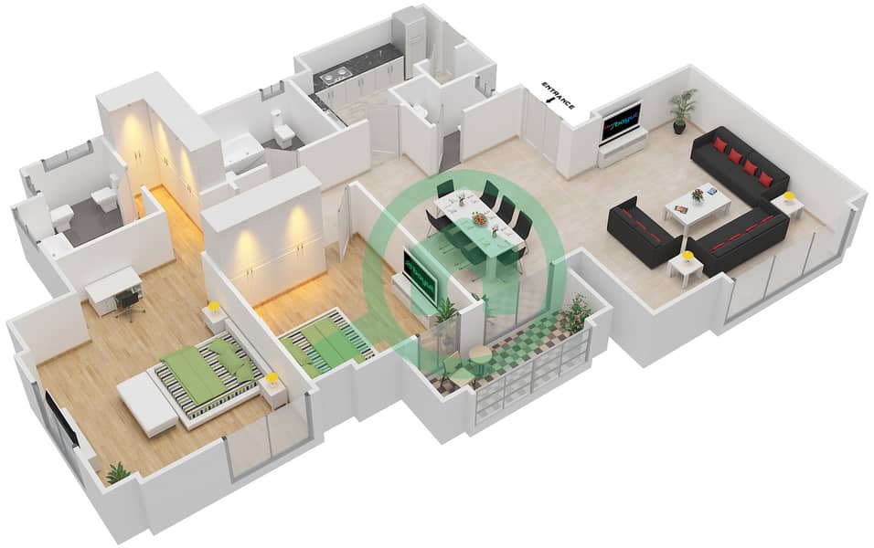 المخططات الطابقية لتصميم الوحدة 01 FLOOR 6 شقة 2 غرفة نوم - بحر 4 Floor 6 image3D