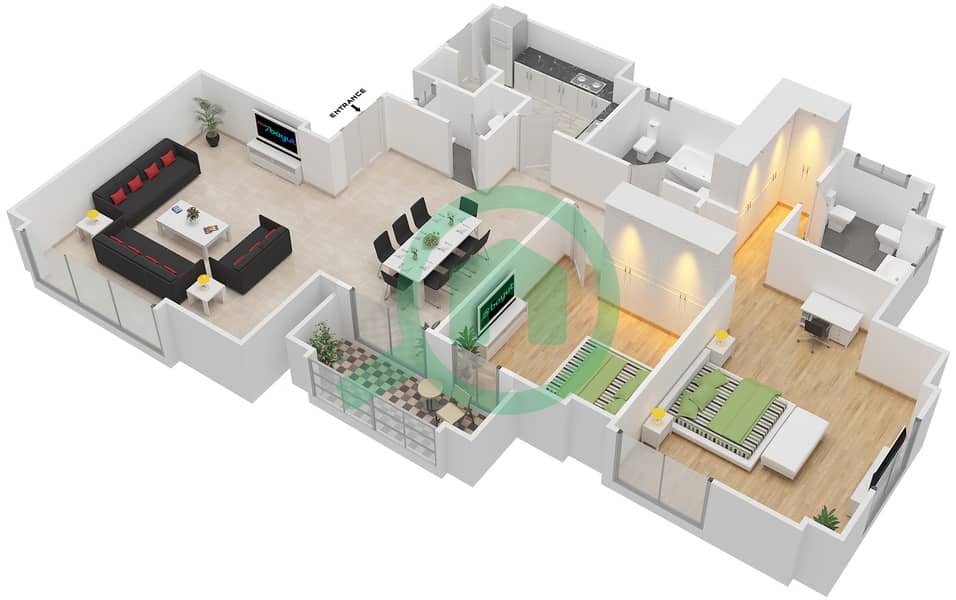 المخططات الطابقية لتصميم الوحدة 02 FLOOR 6 شقة 2 غرفة نوم - بحر 4 Floor 6 image3D