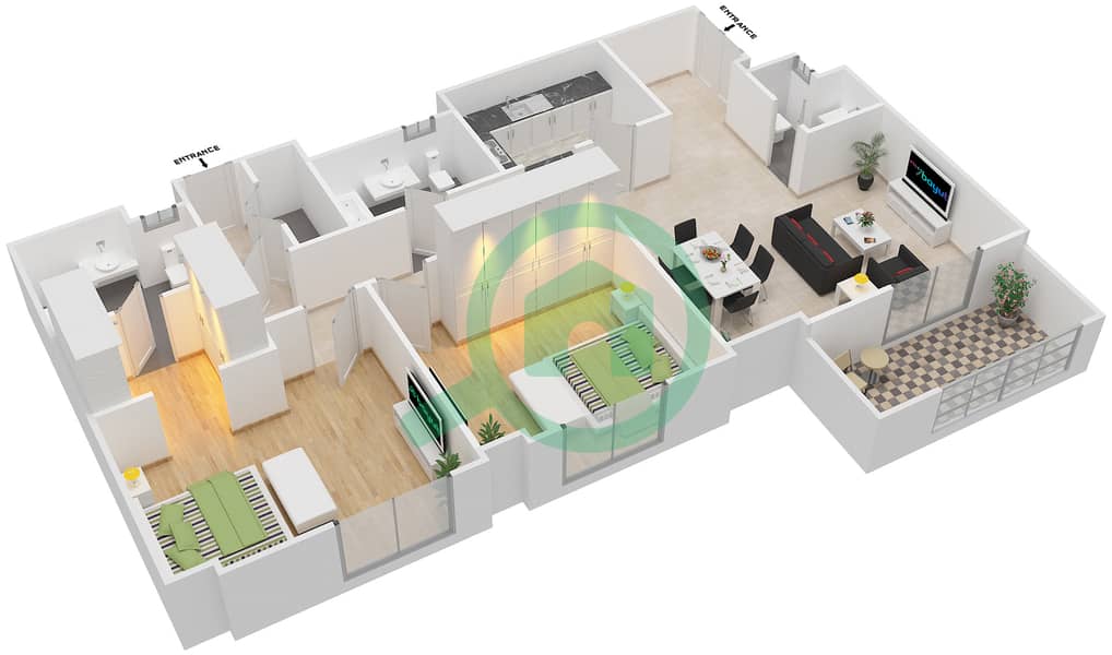 المخططات الطابقية لتصميم الوحدة 02 FLOOR 7-18 شقة 2 غرفة نوم - بحر 4 Floor 7-18 image3D