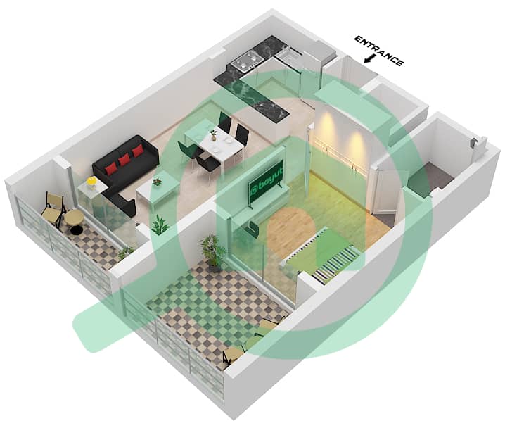 天堂公寓 - 1 卧室公寓类型G FLOOR 2戶型图 Type G Floor 2 interactive3D