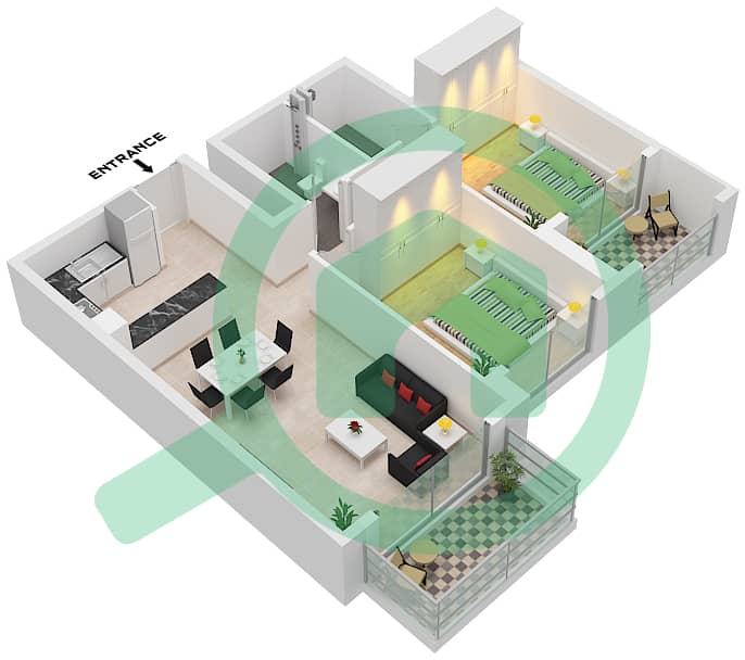 天堂公寓 - 2 卧室公寓类型H FLOOR 2-8戶型图 Type H Floor 2-8 interactive3D