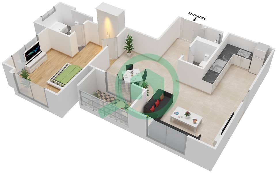 Бахар 6 - Апартамент 1 Спальня планировка Единица измерения 01,05 Floor 1-25 image3D