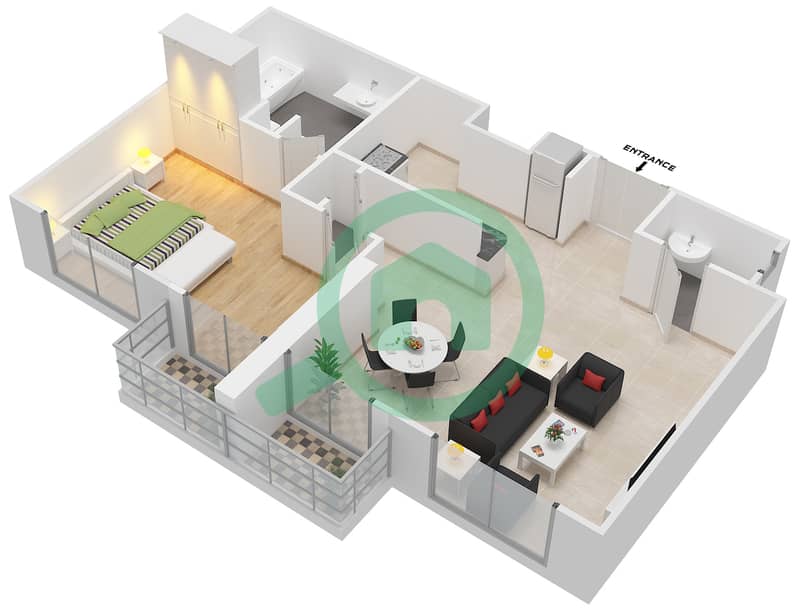 Бахар 6 - Апартамент 1 Спальня планировка Единица измерения 03,07 Floor 1-25 image3D