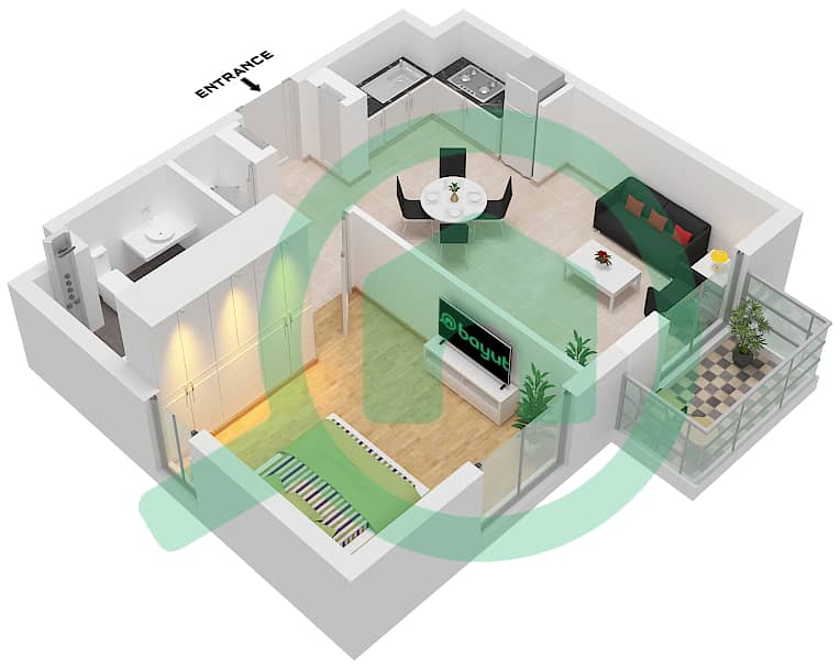 Mesk Residences - 1 卧室公寓类型／单位1D-1 / UNIT 5 FLOOR 1-5戶型图 Type 1D-1 Unit 5 Floor 1-5 interactive3D