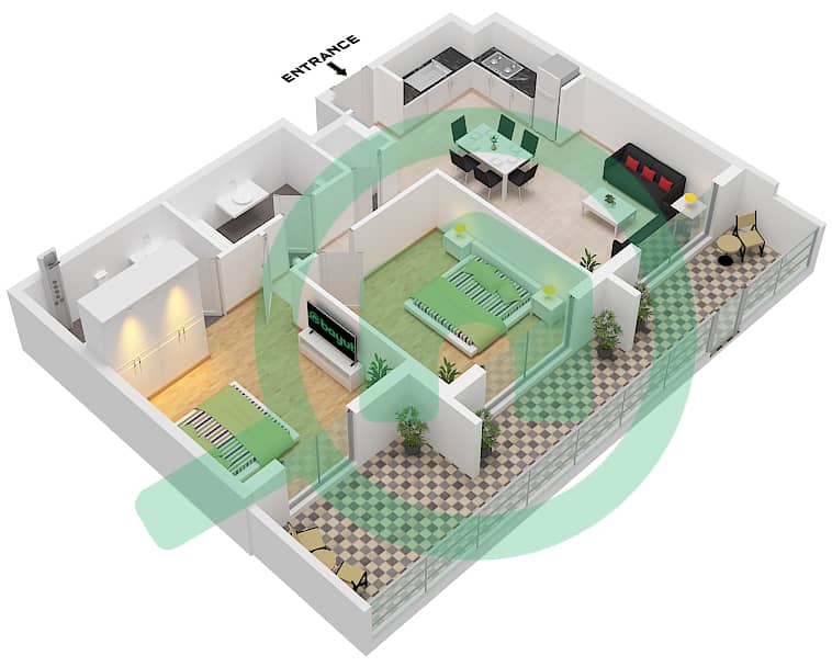 Mesk Residences - 2 卧室公寓类型／单位2A-1 / UNIT 37 FLOOR 1戶型图 Type 2A-1 Unit 37 Floor 1 interactive3D
