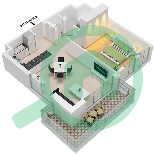 Anbar Residences - 1 卧室公寓类型A戶型图 Type A interactive3D