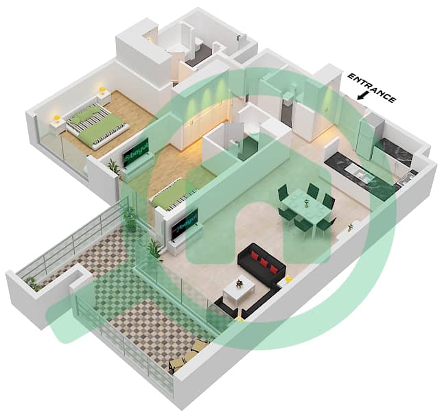 المخططات الطابقية لتصميم النموذج 2A شقة 2 غرفة نوم - أكاسيا A Type 2A interactive3D