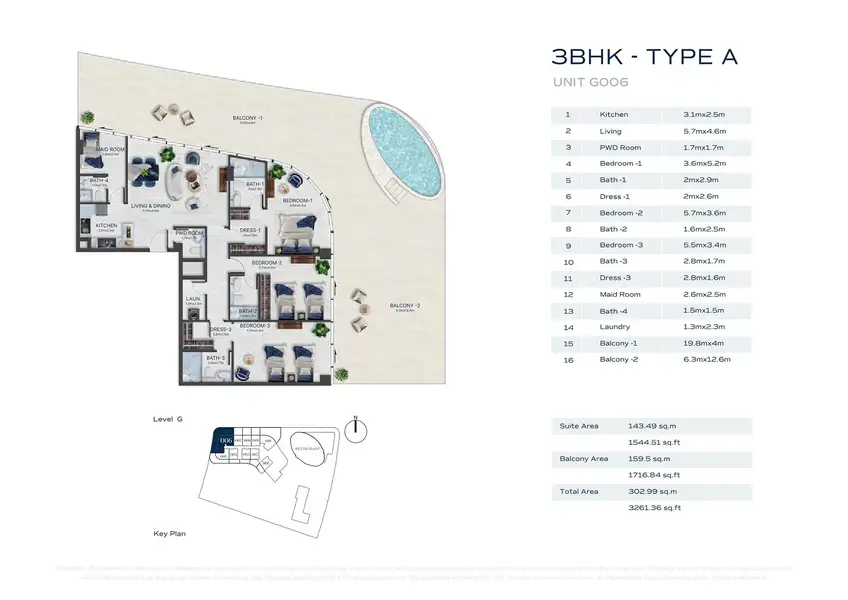 3 BR floor plan