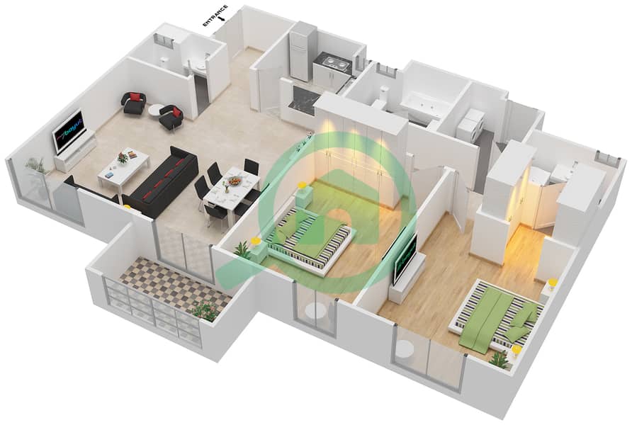 Бахар 1 - Апартамент 2 Cпальни планировка Единица измерения 03,05 Floor 27-41 image3D