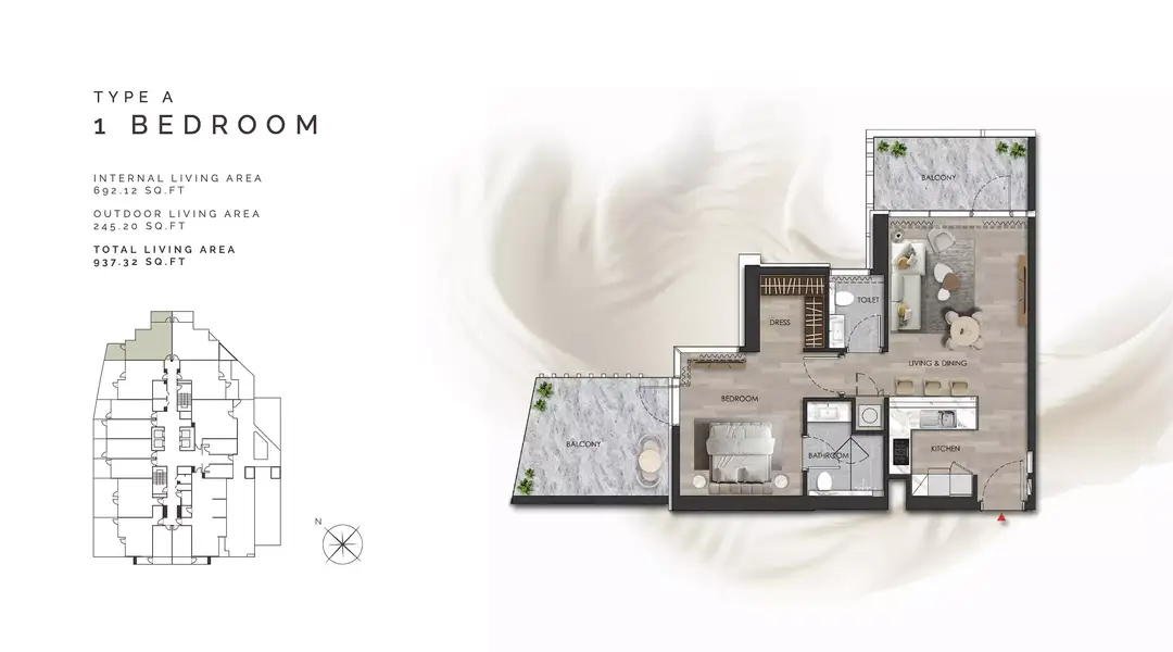 1 BR floor plan