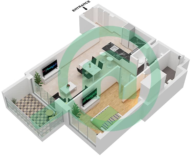 Studio One Tower - Grundriss für 1 Schlafzimmer Wohnung Typ 1A FLOOR 1-25 Type 1A Floor 1-25 interactive3D