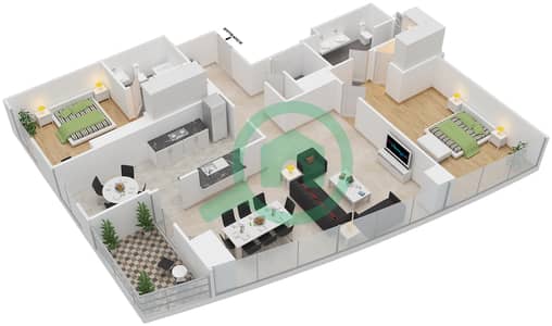 المخططات الطابقية لتصميم التصميم 3 FLOOR 3-36 شقة 2 غرفة نوم - ذا ريزيدينس 1