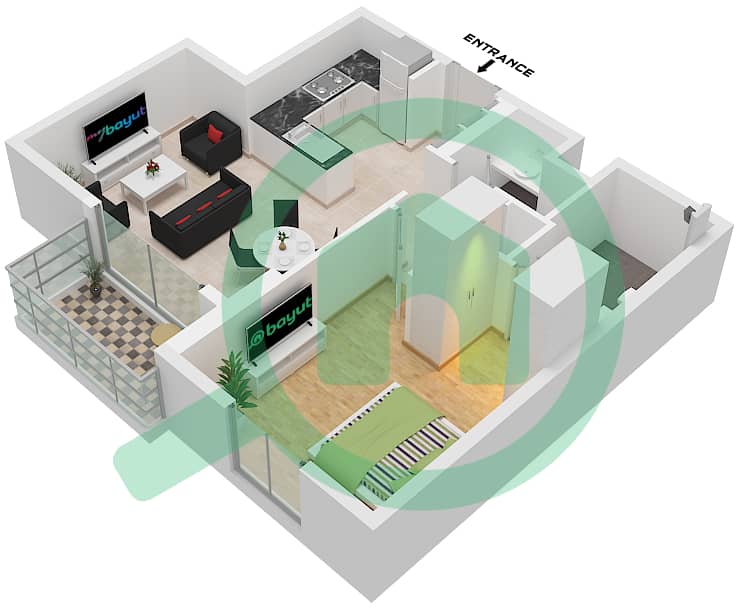 Crystal Residences Tower A - 1 Bedroom Apartment Type/unit 1B / UNIT 12 FLOOR 3-11 Floor plan Type 1B Unit 12 Floor 3-11 interactive3D